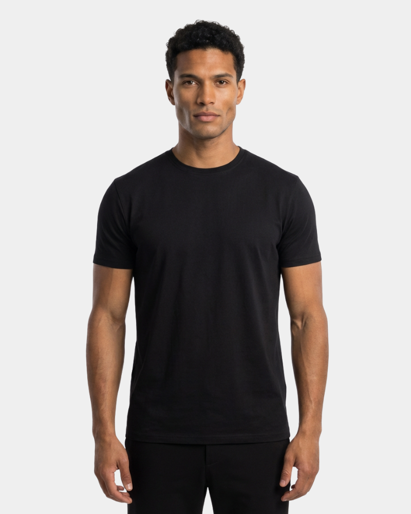 By Alden Black Crew Neck T-Shirt worn by a Black male model cropped front view light grey background #Color_mixed basics