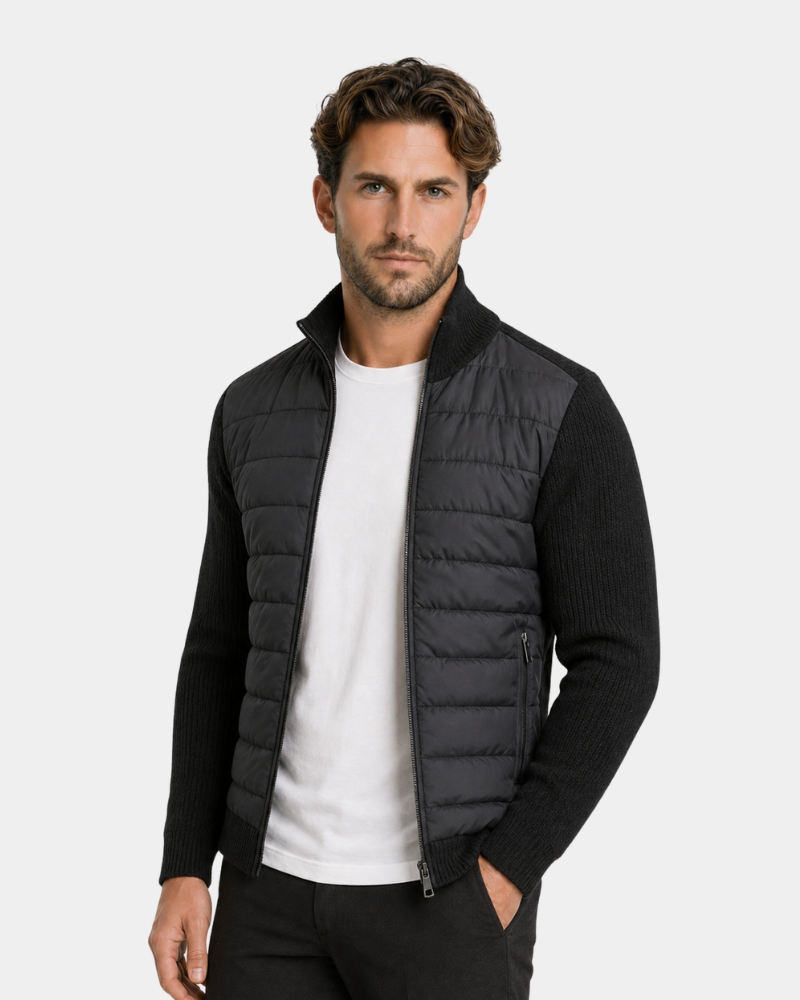 By Alden Black Hybrid Puffer Knit Jacket worn by a White male model, cropped front angle view, light grey background #Color_Black