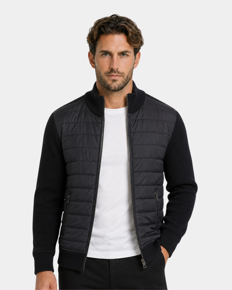By Alden Black Hybrid Puffer Knit Jacket worn by a White male model, cropped front view, light grey background #Color_Black