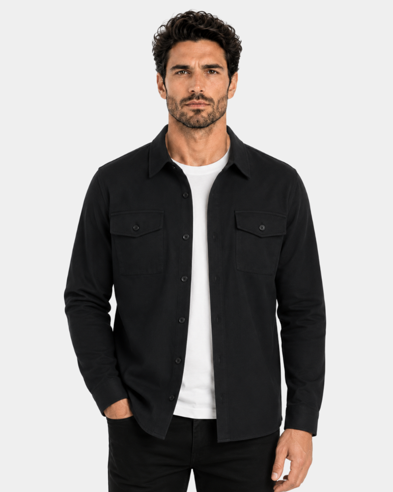 By Alden Black Overshirt worn by a White male model, cropped front view, light grey background #Color_Black