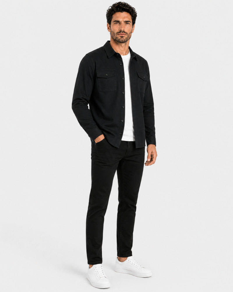 By Alden Black Overshirt worn by a White male model, full front view arms crossed, white background #Color_Black