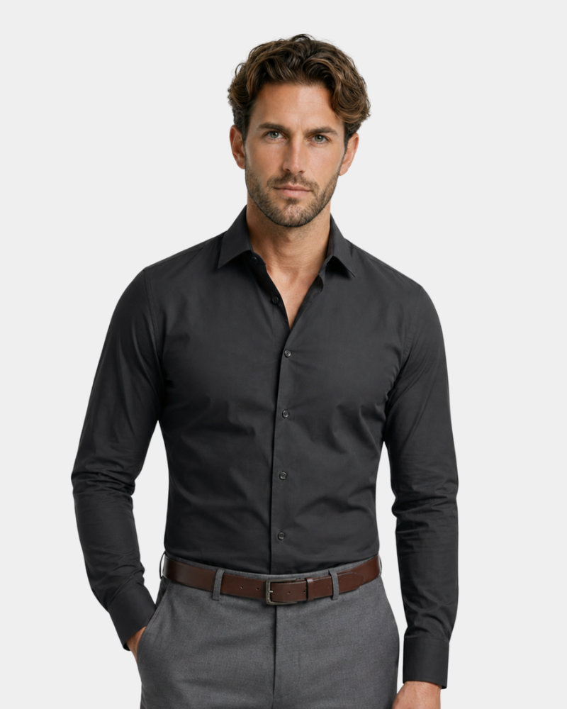 By Alden Black Slim Fit Dress Shirt worn by a White male model, cropped front view, light grey background #color_black