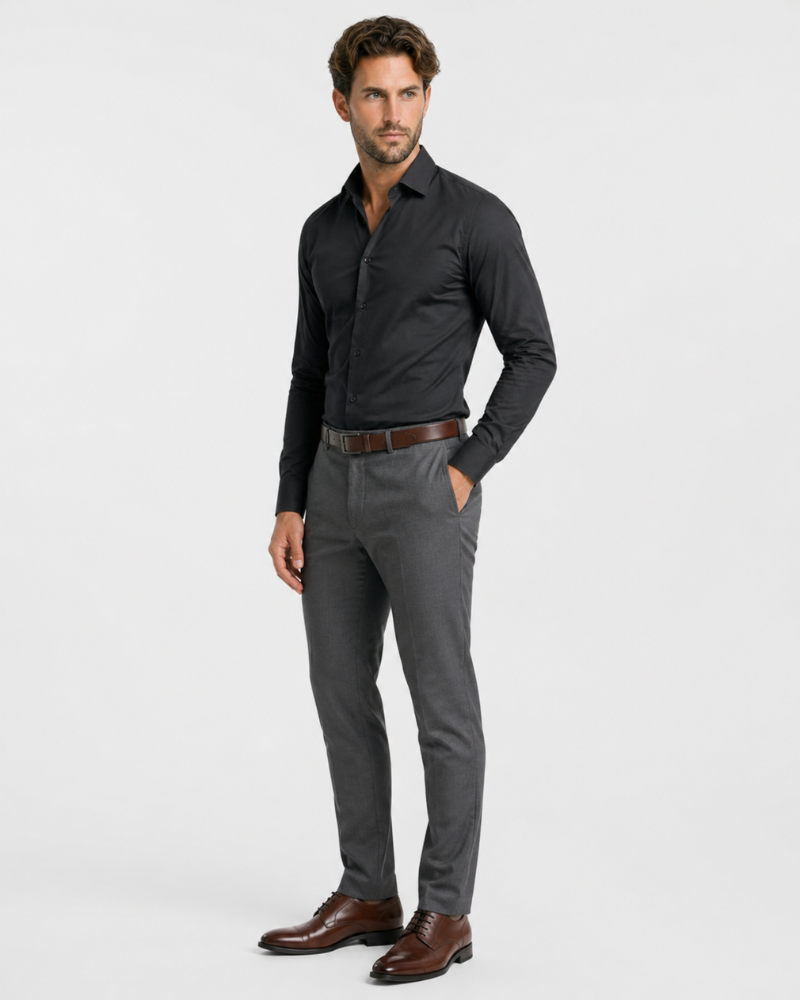 By Alden Black Slim Fit Dress Shirt worn by a White male model, full front angle view, light grey background #color_black