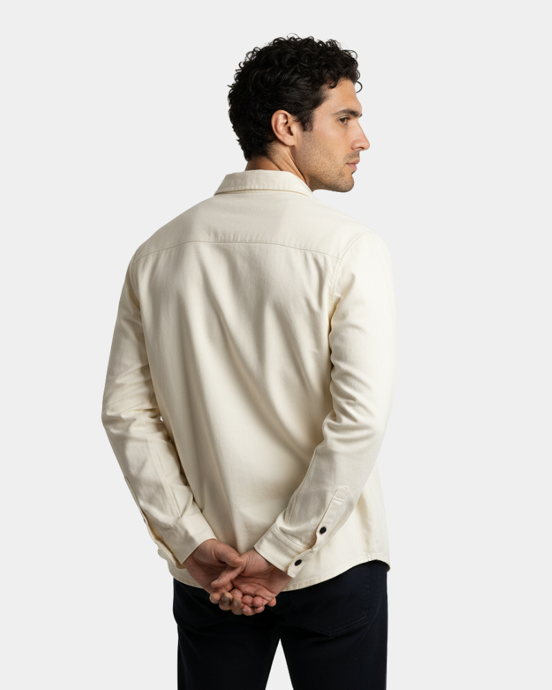 By Alden Cream Overshirt worn by a male model, cropped back angle view, light grey background #Color_off white
