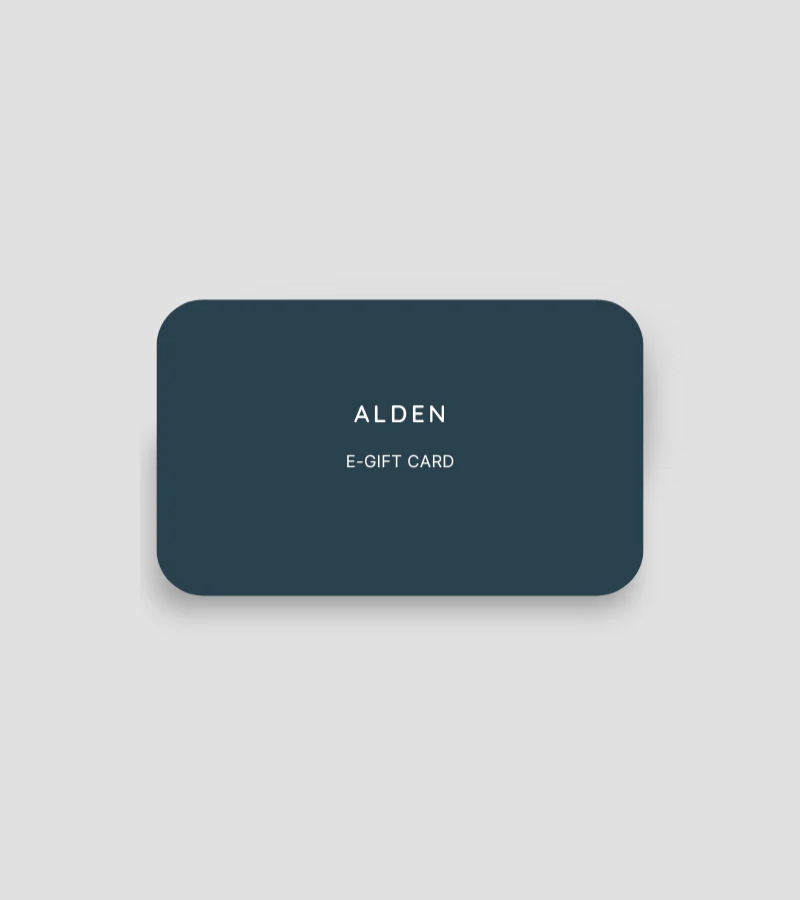 Dark blue e-gift card with ' BY ALDEN' branding on a light gray background