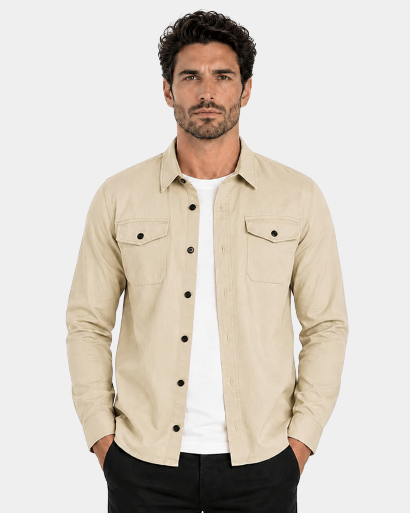 By Alden Deep stone Overshirt worn by a male model, cropped front view, light grey background #Color_deep stone