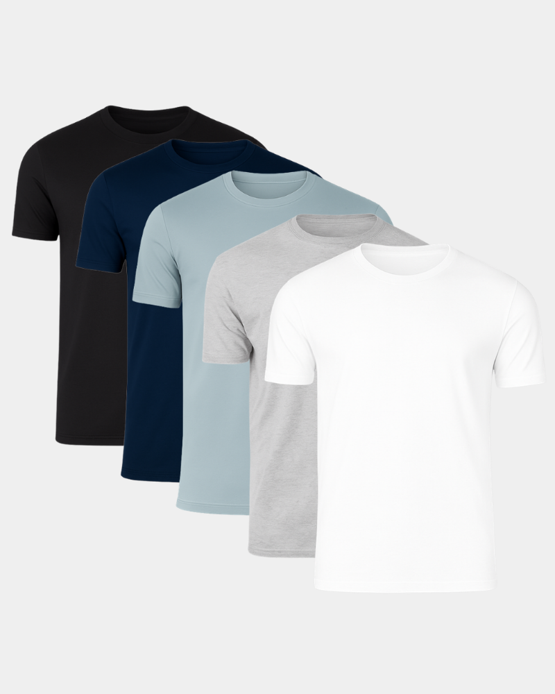 Five plain t-shirts in black, navy, light blue, gray, and white on a white background #Color_mixed arctic