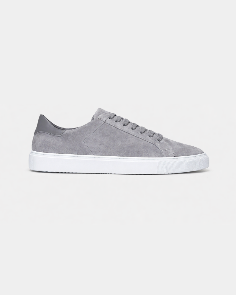 By Alden Grey Suede Classic Trainers, side profile view, light grey background #color_gray