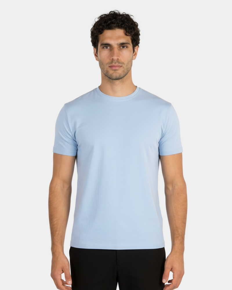 By Alden Man wearing a light blue t-shirt against a white background #Color_mixed color