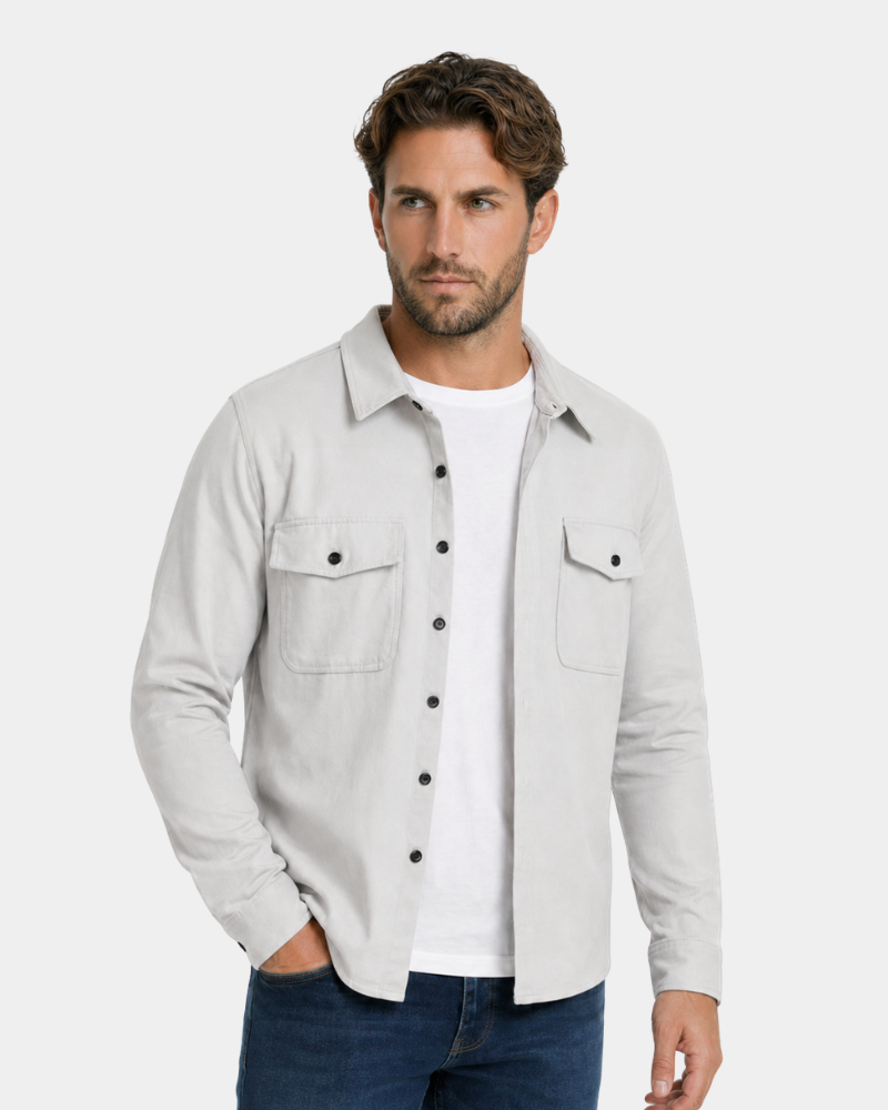 Man wearing a By Alden light gray jacket over a white shirt on a white background #color_gray