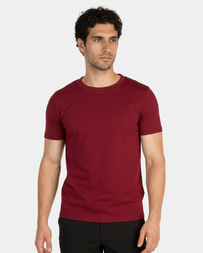 Man wearing a By Alden maroon t-shirt against a white background #Color_mixed summer colors