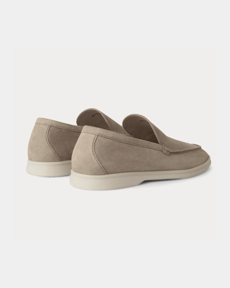 By Alden Minimalist stone  luxury suede loafers showing the heel and off-white sole for a premium, comfortable slip-on fit. #color_stone