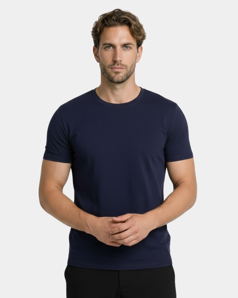 By Alden Navy Crew Neck T-Shirt worn by a White male model cropped front view light grey background #Color_mixed color