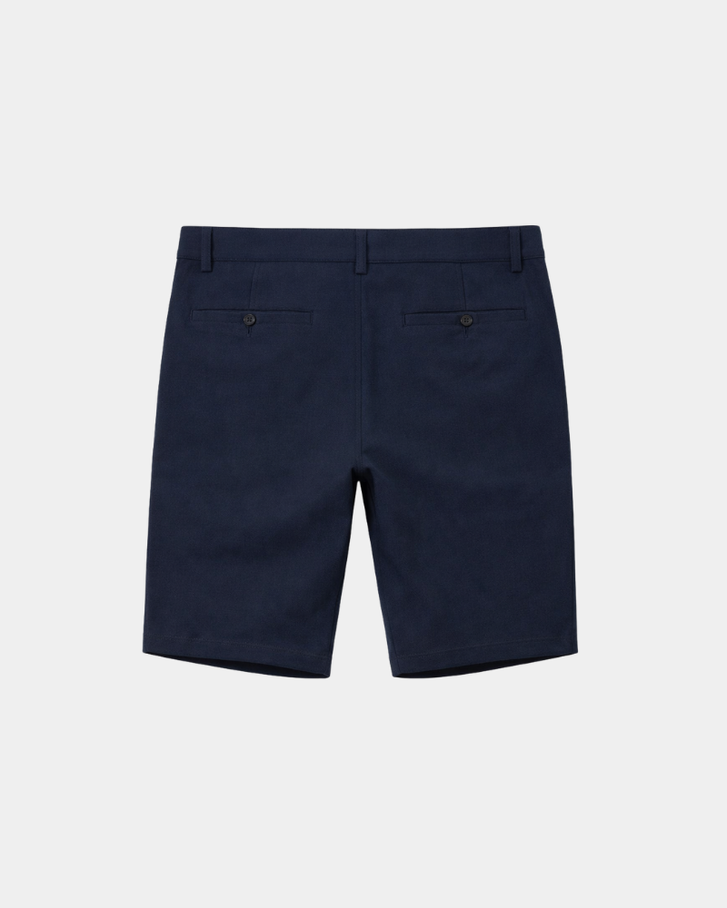 By Alden Navy Shorts flat lay back view light gray background #color_navy
