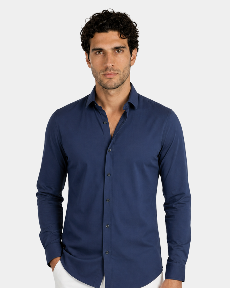 By Alden Navy Slim Fit Dress Shirt worn by a male model, cropped front view, light grey background #color_navy