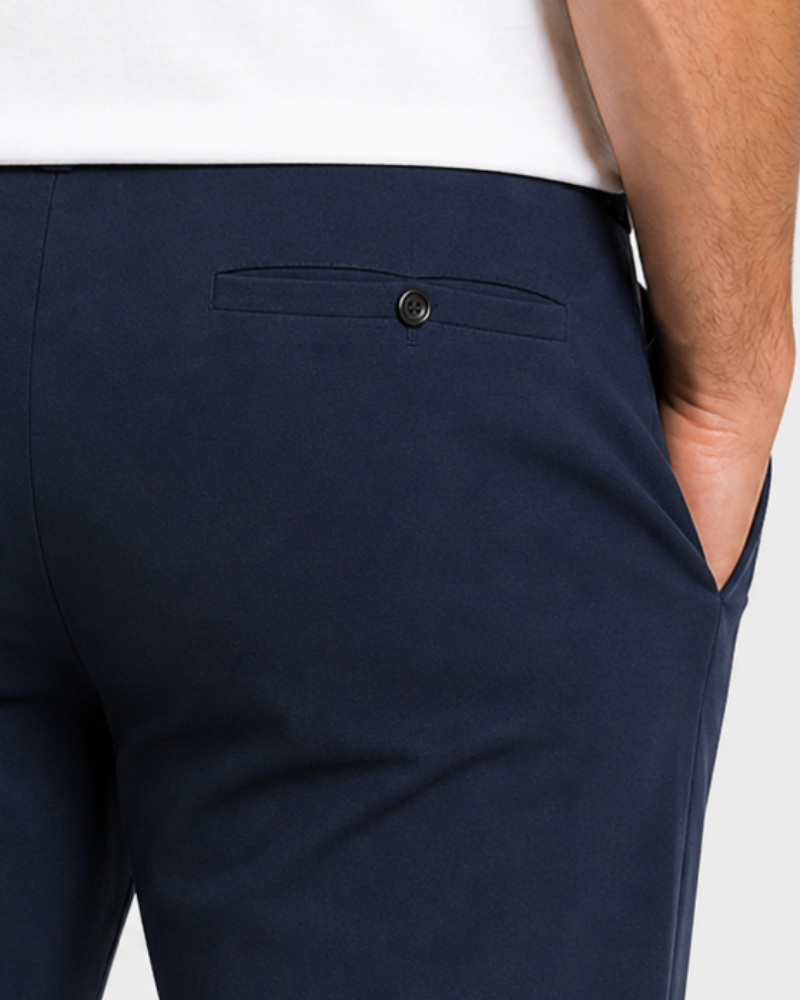 By Alden Navy blue pants with a button on a white background #Color_navy