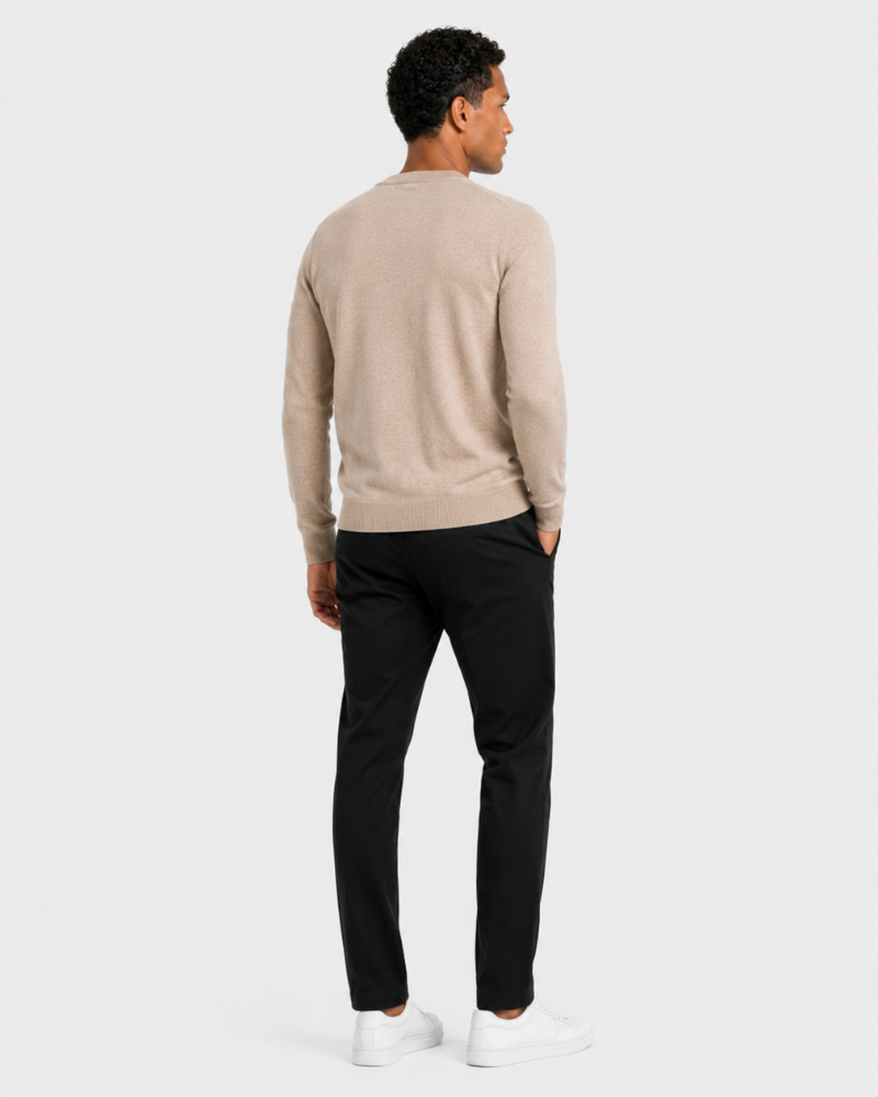 By Alden Oatmeal Crew Neck Knit Sweater worn by a Black male model, full back view, light grey background #Color_Beige