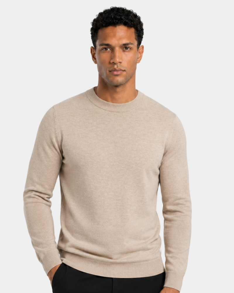 By Alden Oatmeal Crew Neck Knit Sweater worn by a male model, cropped front view, light grey background #Color_Beige