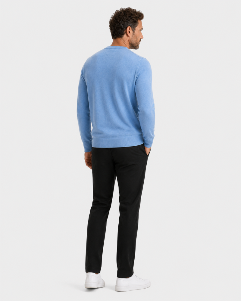 By Alden Sky Blue Crew Neck Knit Sweater worn by a white male model, full back view, light grey background #Color_light blue