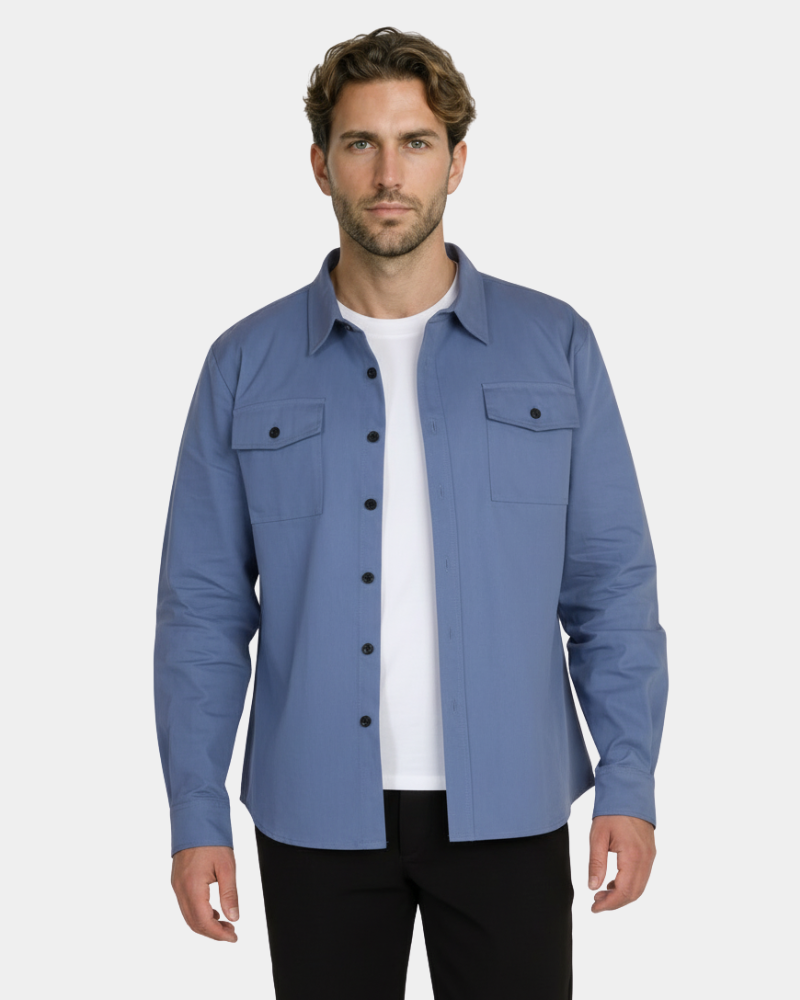 By Alden Steel Blue Overshirt worn by a White male model, cropped front view, light grey background #Color_lake blue