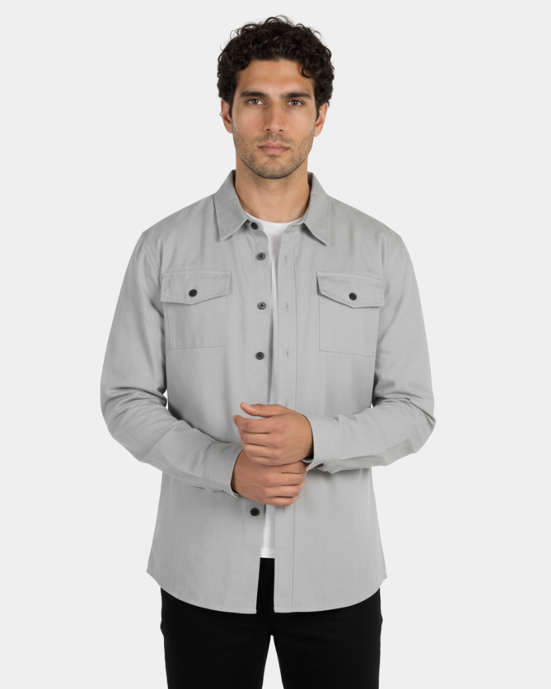By Alden Stone Grey Overshirt worn by a male model, cropped front view, light grey background #Color_Gray
