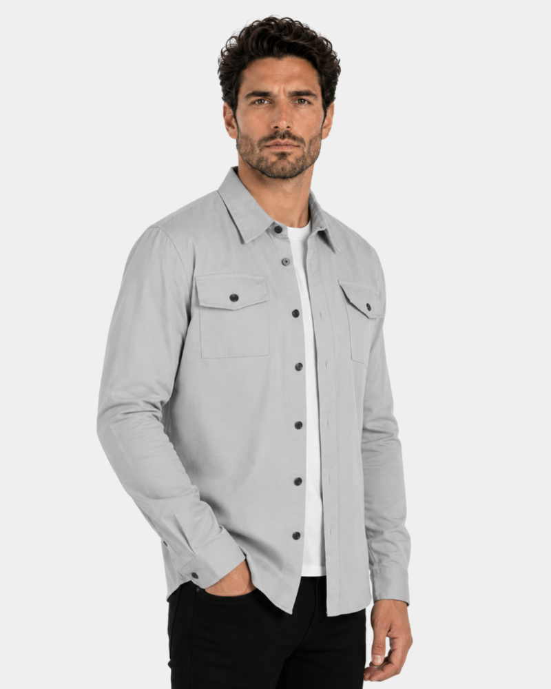 By Alden Stone Grey Overshirt worn by a male model, cropped front view, light grey background #Color_Gray
