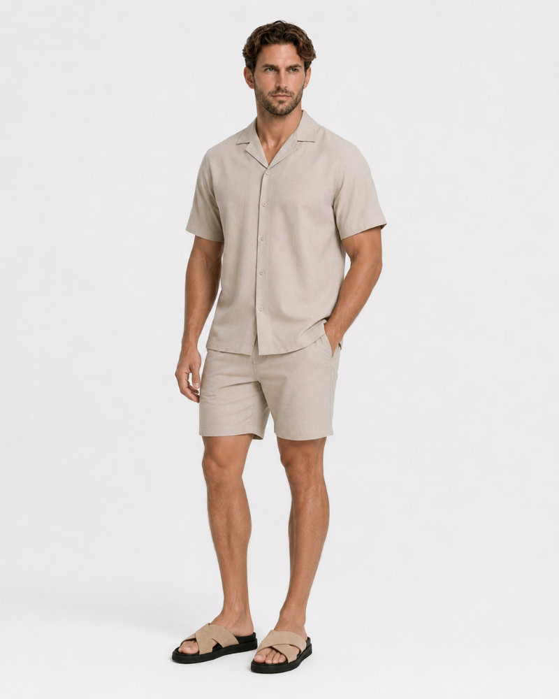 By Alden Stone Linen Shorts worn by a White male model, full front view styled as matching set, white background #color_stone