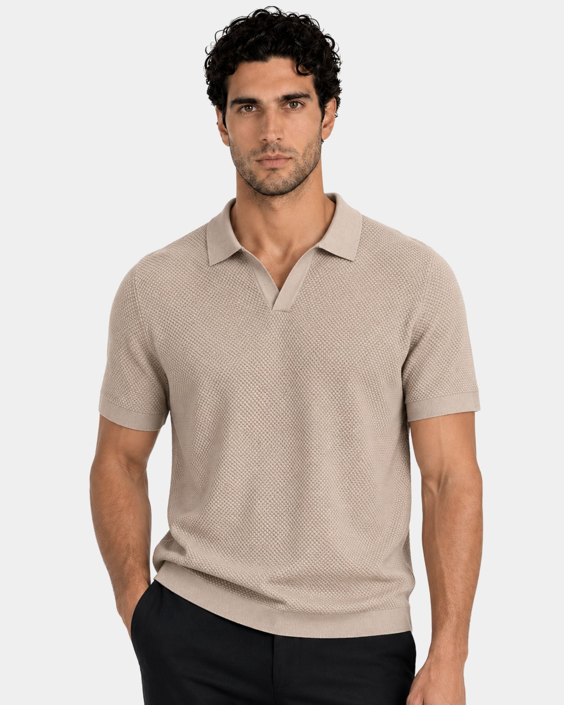 By Alden Stone open-collar knit polo shirt on male model, front view, upper body, light gray background. #color_stone