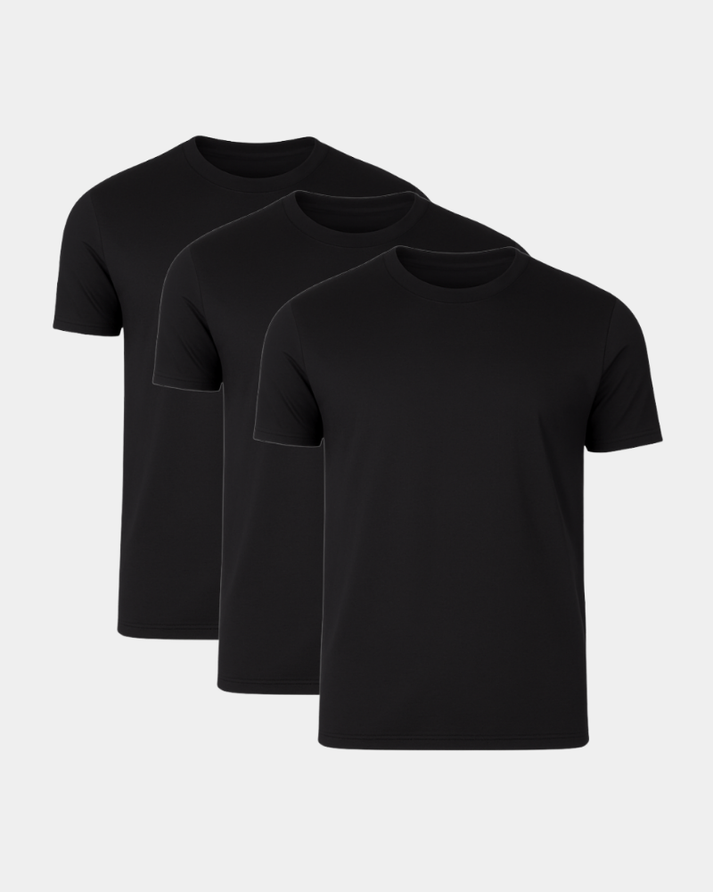 Three black t-shirts stacked on a light gray background #Color_black