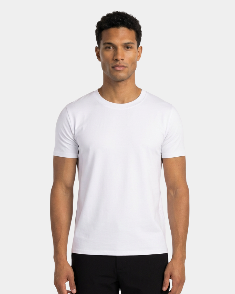 By Alden White Crew Neck T-Shirt worn by a Black male model cropped front view light grey background
#Color_white