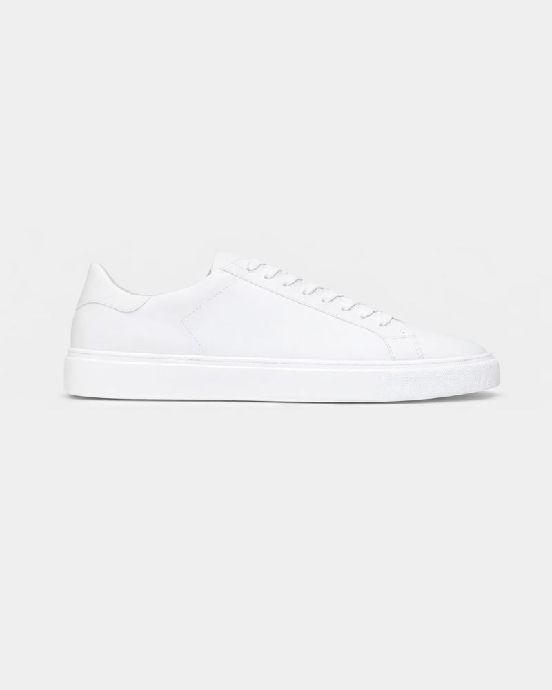 By Alden White Leather Classic Trainers, side profile view, light grey background #color_white