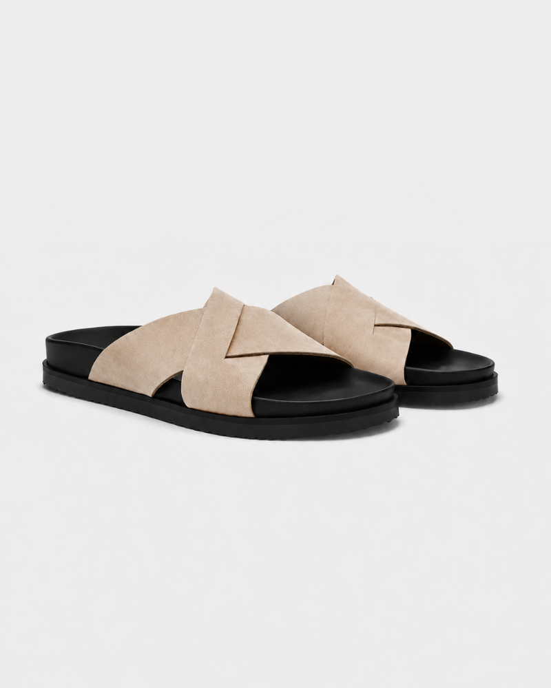 By Alden beige cross-strap suede slide sandals pair, black sole, 3/4 angle view, gray background #Color_beige