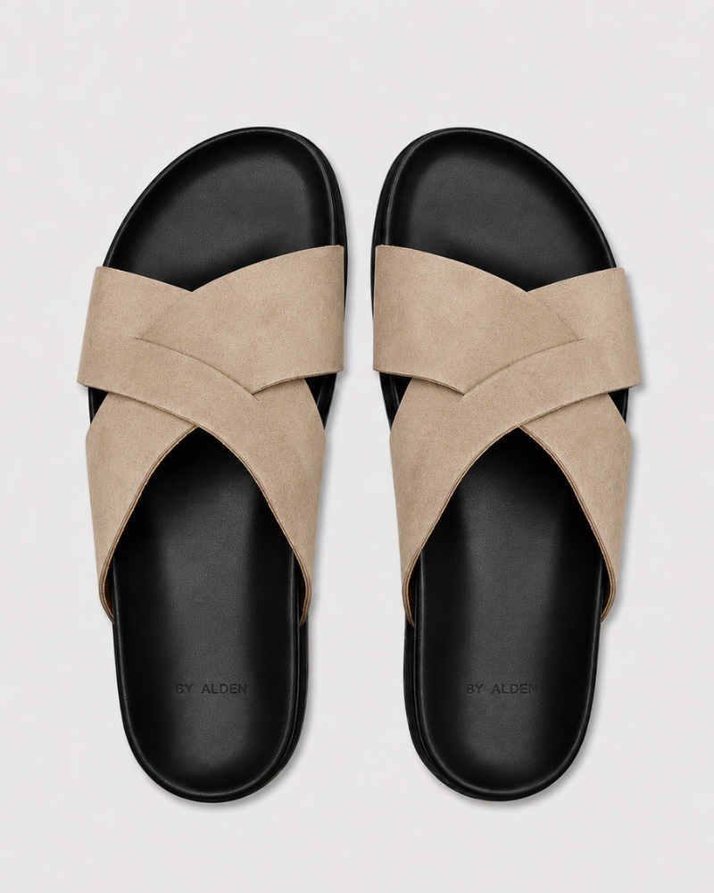 By Alden beige cross-strap suede slide sandals pair, black sole, top view, gray background #Color_beige
