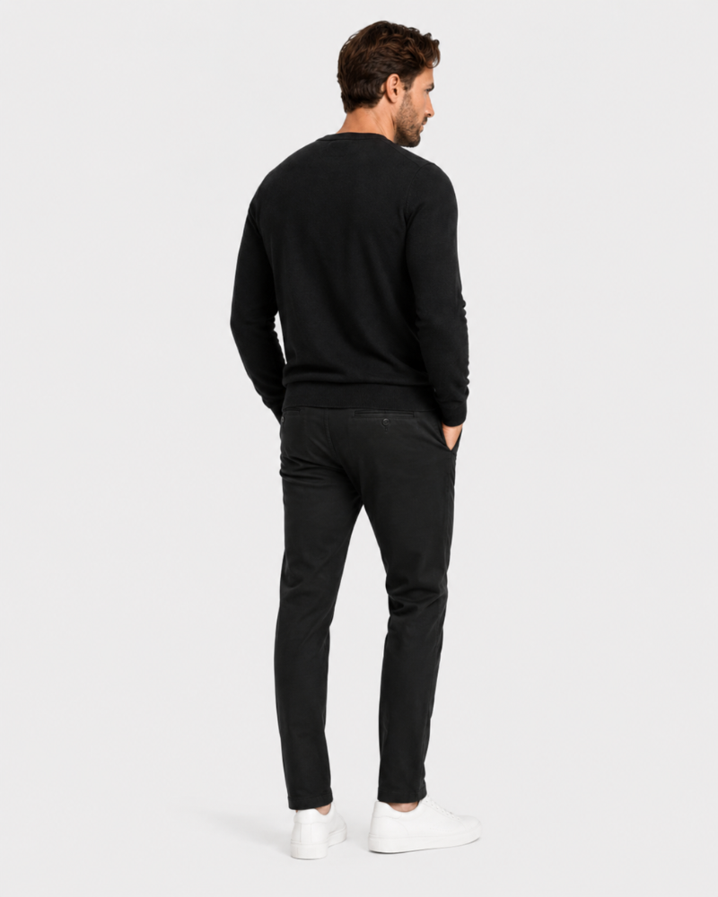 By Alden black crewneck knit sweater back view on white background #Color_Black