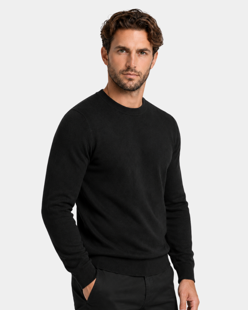 By Alden black crewneck knit sweater front view on white  background #Color_Black