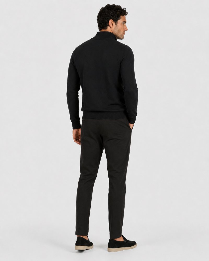 By Alden black half-zip knit sweater on male model, back view, full body, light gray background. #Color_black