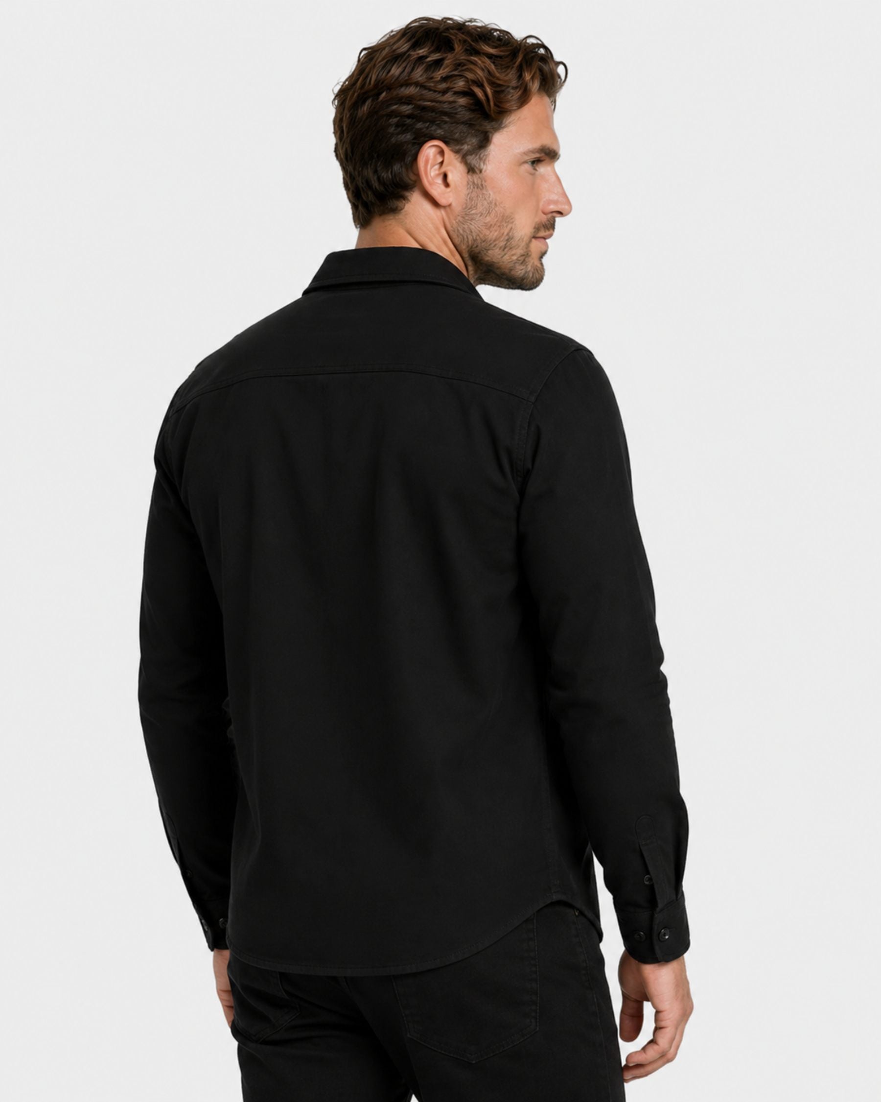 By Alden black overshirt on male model, back view upper body, light gray background #Color_black