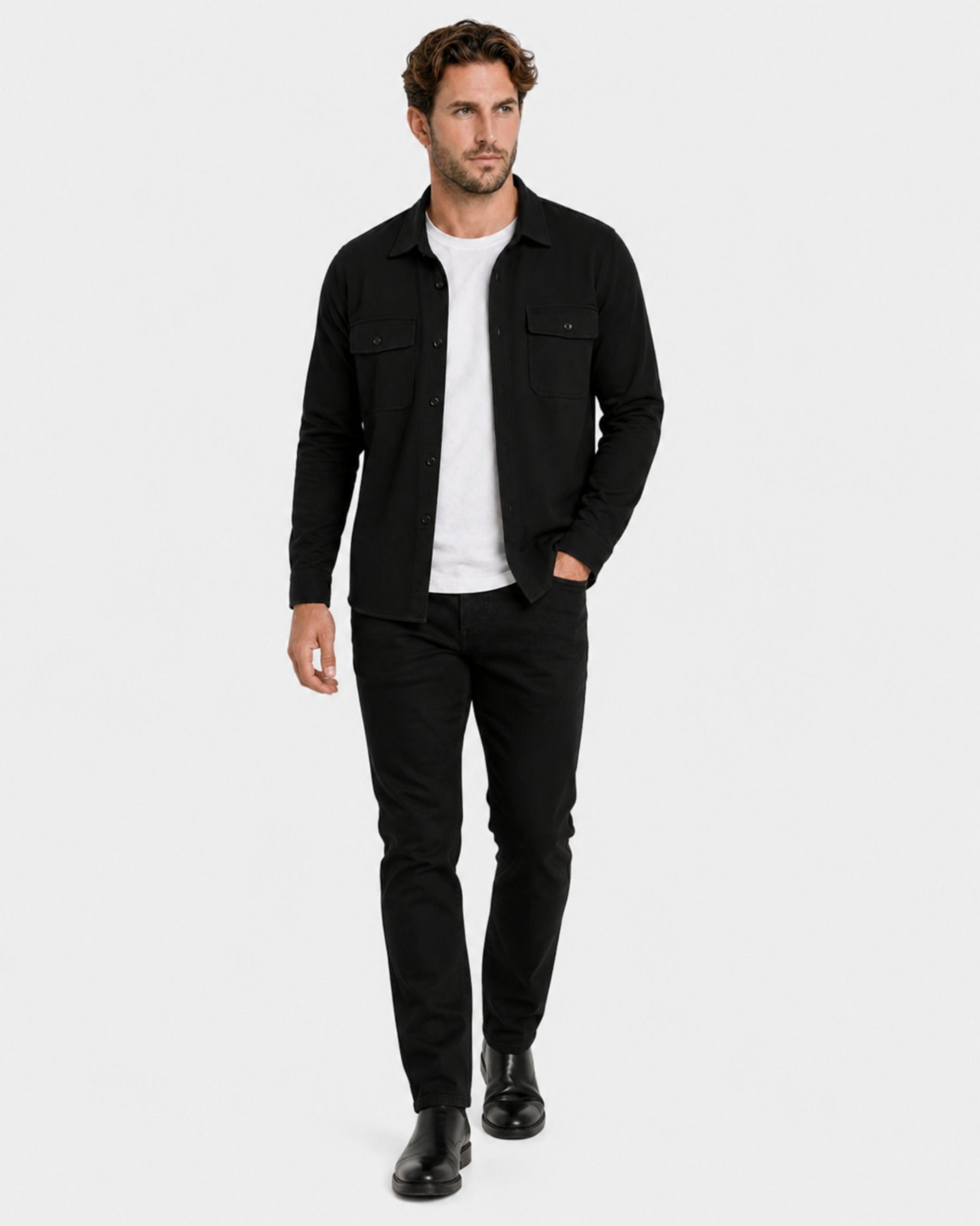 By Alden black overshirt on male model, three-quarter view full body, light gray background #Color_black