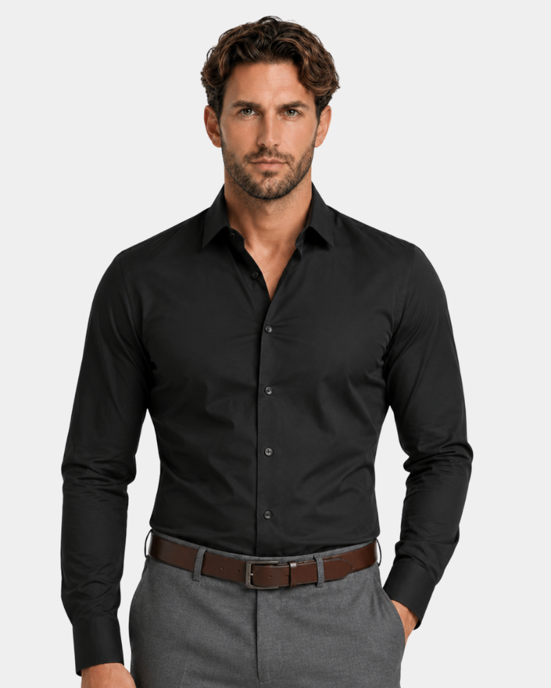 By Alden black slim-fit dress shirt on male model, front view, light gray background. #color_black