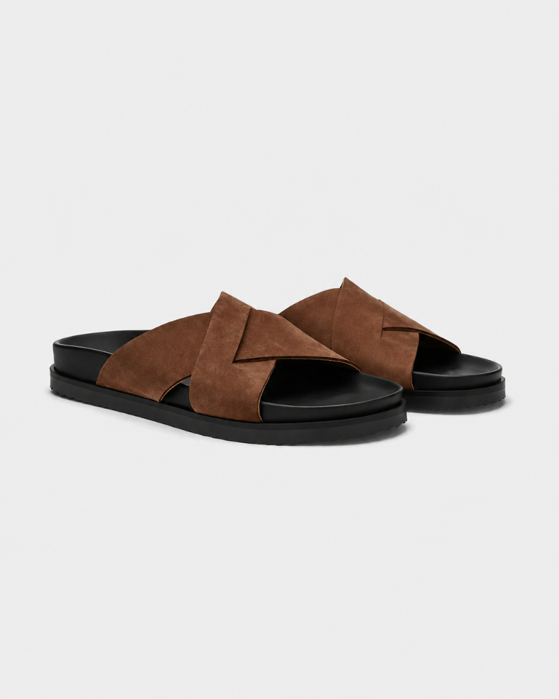 By Alden brown cross-strap suede slide sandals pair, black sole, 3/4 angle view, gray background #Color_brown