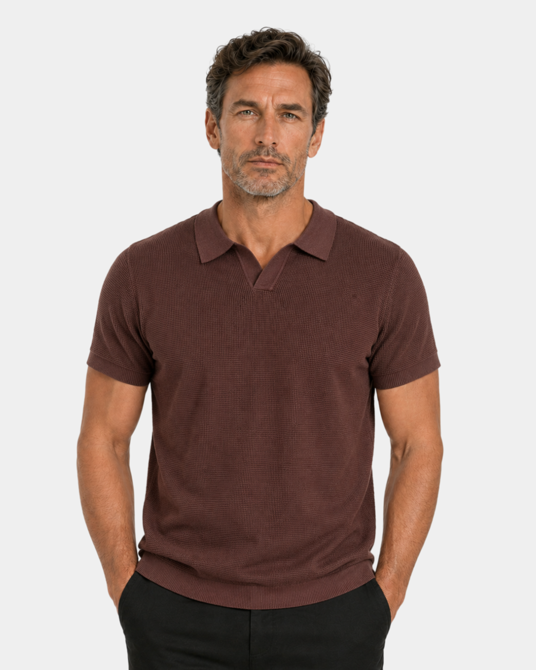 By Alden chocolate brown open-collar knit polo shirt on male model, front view, upper body, light gray background. #color_chocolate brown