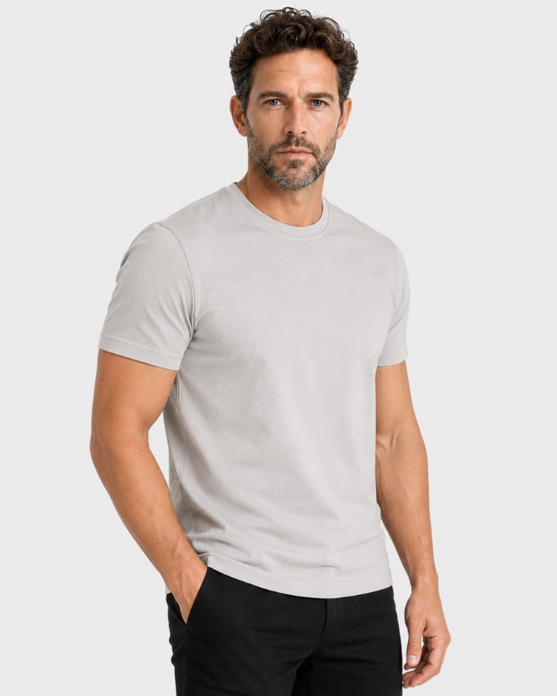 By Alden gray crew neck t-shirt on male Caucasian model, 3/4 angle, gray bg #Color_basics