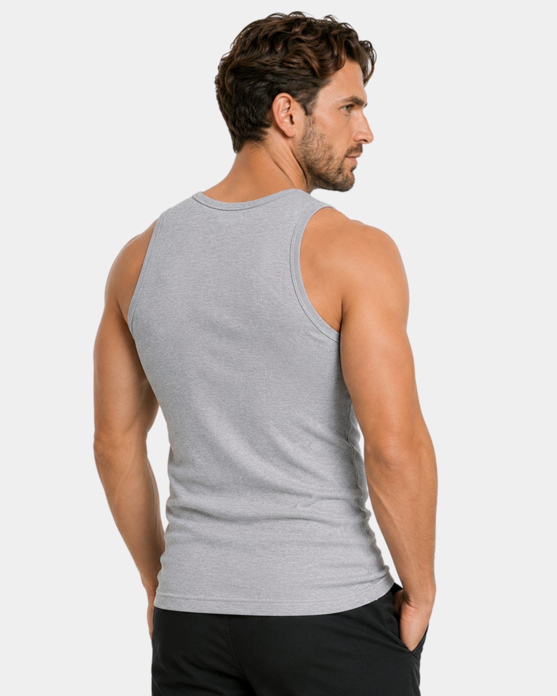 By Alden gray ribbed tank top on male model, back view upper body, light gray background #Color_light gray