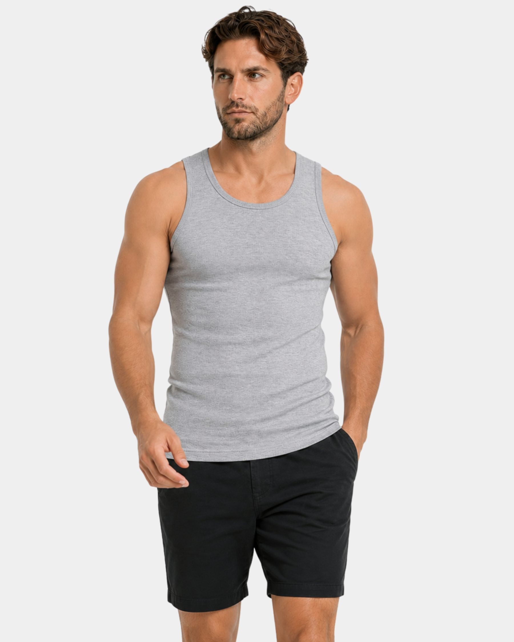 By Alden gray ribbed tank top on male model, three-quarter view full body, light gray background #Color_light gray
