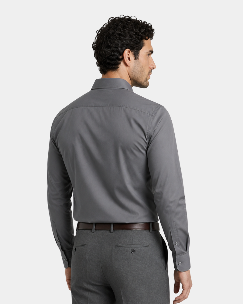 By Alden gray slim-fit dress shirt on male model, back view, upper body, light gray background. #color_gray