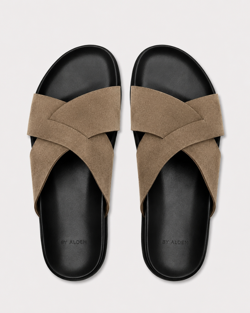 By Alden green cross-strap suede slide sandals pair, black sole, top view, gray background #Color_camel