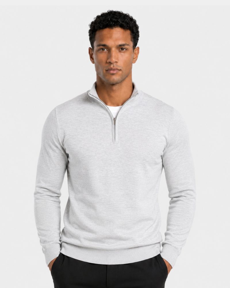 By Alden light gray marl half-zip knit sweater on male model, front view, upper body, light gray background.
#color_gray
