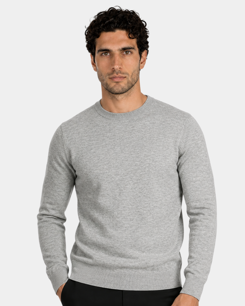 By Alden light grey marl crewneck knit sweater front view on white background #Color_Gray