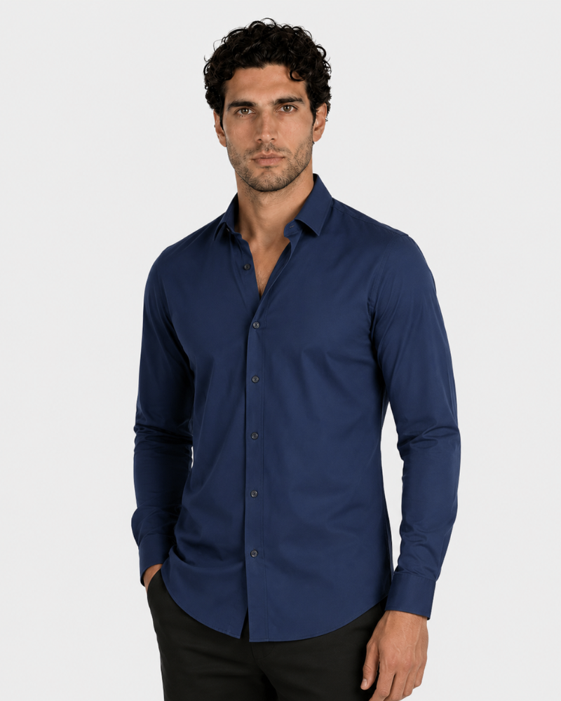 By Alden navy blue slim-fit dress shirt on male model, front view, upper body, light gray background. #color_navy