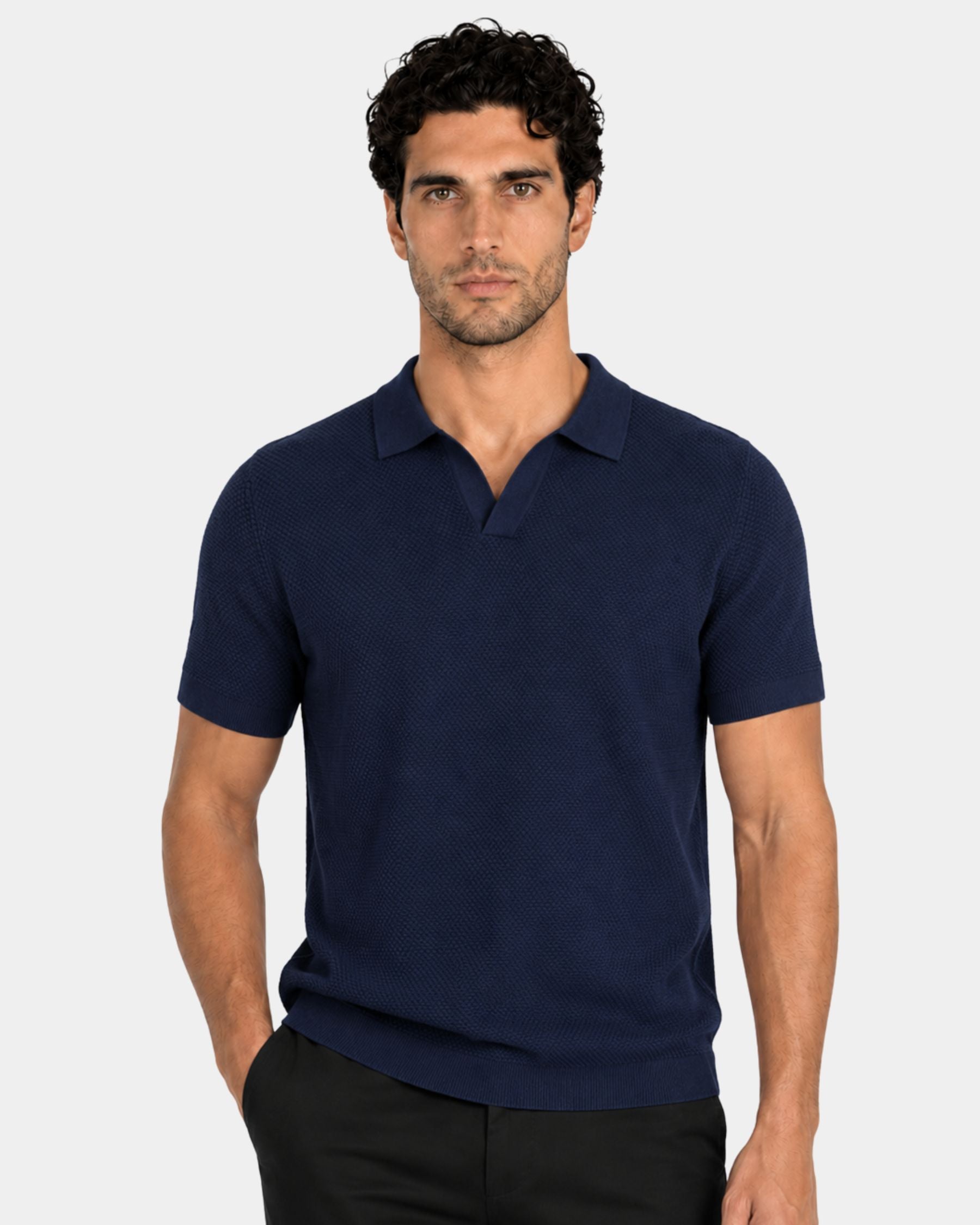 By Alden navy open-collar knit polo shirt on male model, front view, upper body, light gray background. #Color_navy